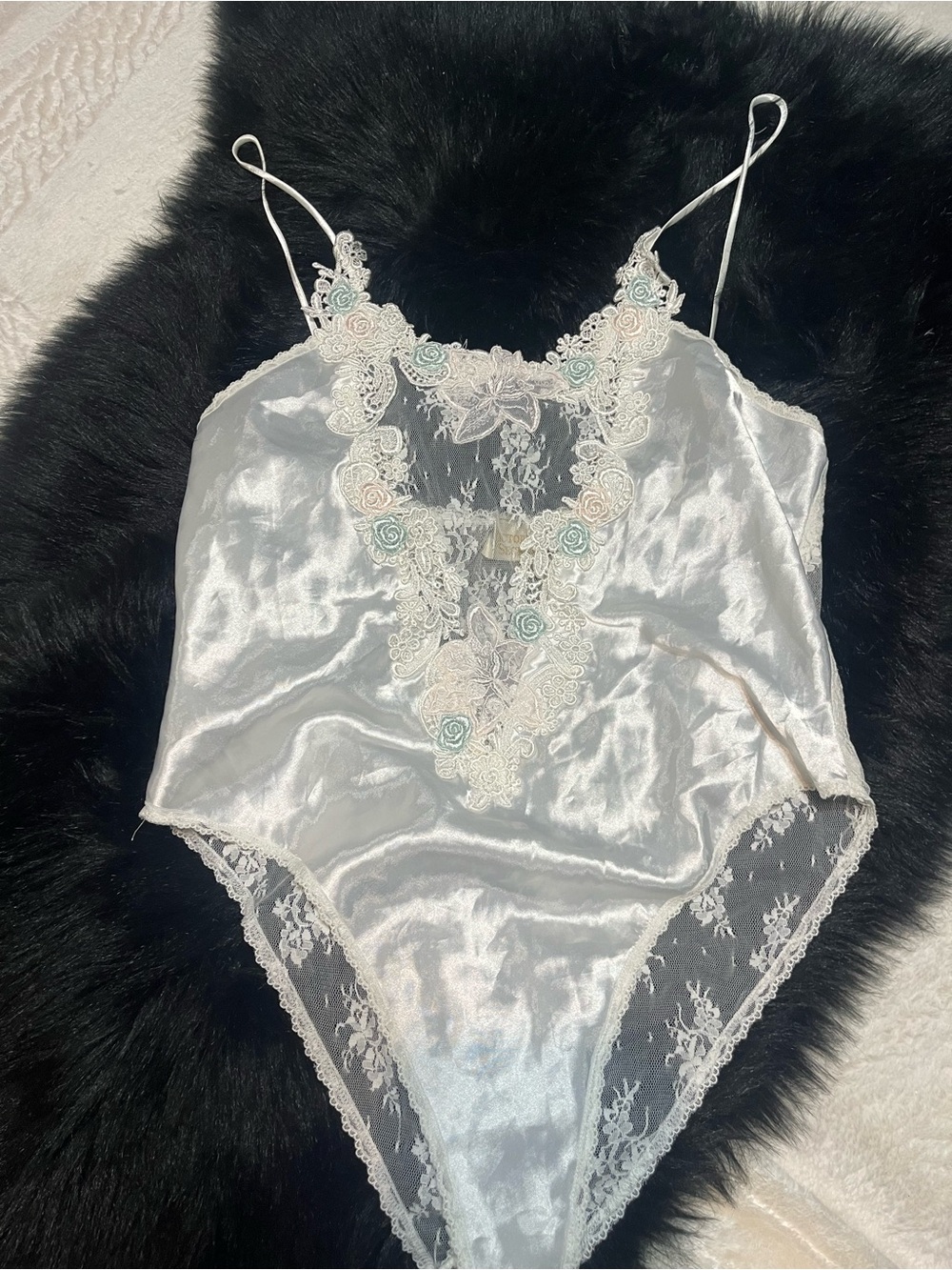 Victoria's Secret Ivory Satin & Lace Bodysuit with Delicate Embroidered Accents